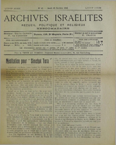 Archives israélites de France. Vol.77 N°42 (19 oct. 1916)